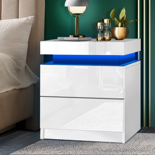 Oikiture Bedside Table RGB LED Nightstand Drawers for Bedroom Furniture Cabinet 2 Drawers Side Tables Organiser White