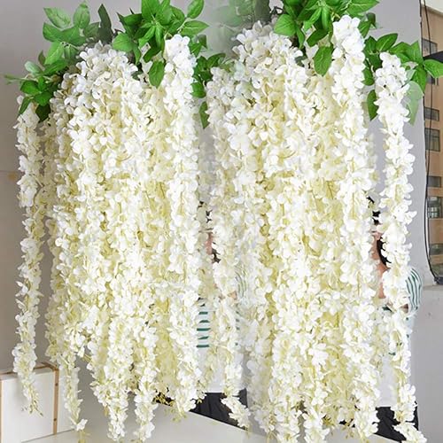 20Pcs x 100cm Glycine Artificielle Blanche Suspendues Vigne Plante Guirlande de Glycine Artificielle Flexible Fleurs Suspendue Guirlande Décoration Arche Cérémonie pour Mariage Fête Jardin (Beige)