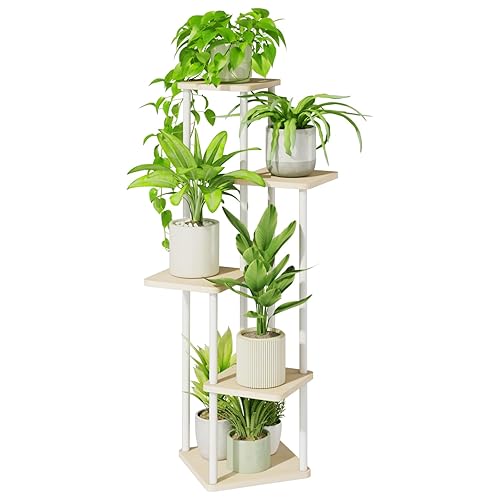 Bamworld Support Plantes Intérieur À 5 Niveaux, Porte Plante Intérieur Pour Plusieurs Plantes, Étagère Plante En Métal Blanc, Porte Plante Extérieur (Blanc). - 5 niveaux-Chêne blanc
