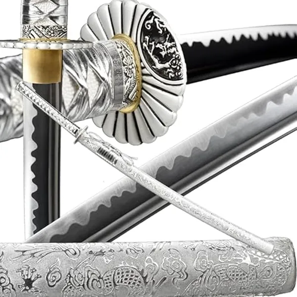 SANJISTU Samurai Sword | Traditional Hand-Forged Katana Swords Authentic Japanese Anime Samurai | High Carbon Steel Katanas Collection Sharp Full Tang - Silver-Umbrella