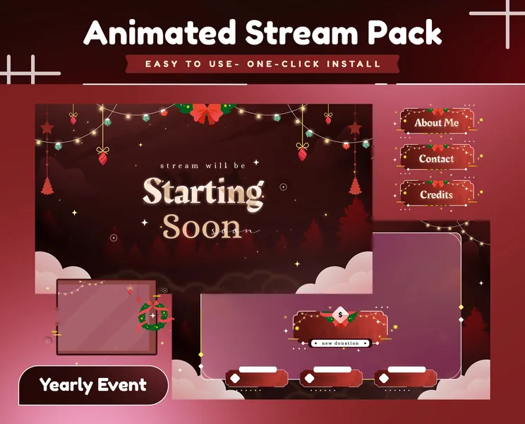Christmas Feast Animated Stream Overlay for Twitch, YouTube/Merry Christmas/Transition/Panel/Alert/Cute Theme/Snow/Red Color/Winter/New Year