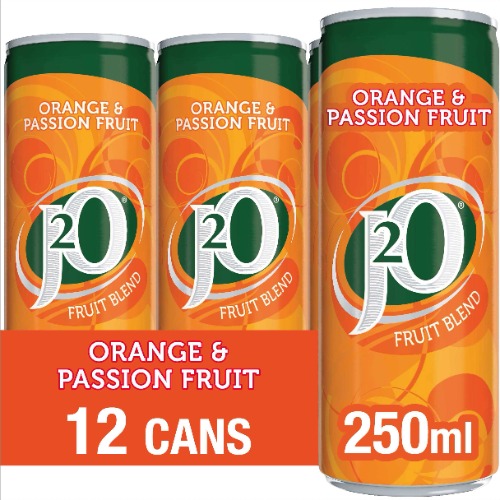 J2O Fruit Blend Juice Drink Perfect Mixer Low Calorie Orange and Passionfruit 12 x 250ml Cans, 3000 ml