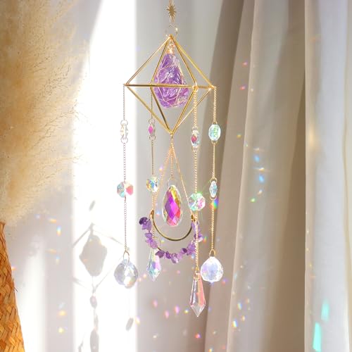 Amethyst Crystal Suncatcher - Hanging Gold Plated Garden Sun Catcher for Windows, Healing Amethyst Crystal Decor for Home, Gift for Christmas Birthday Valentine Mothers Day - Amethyst