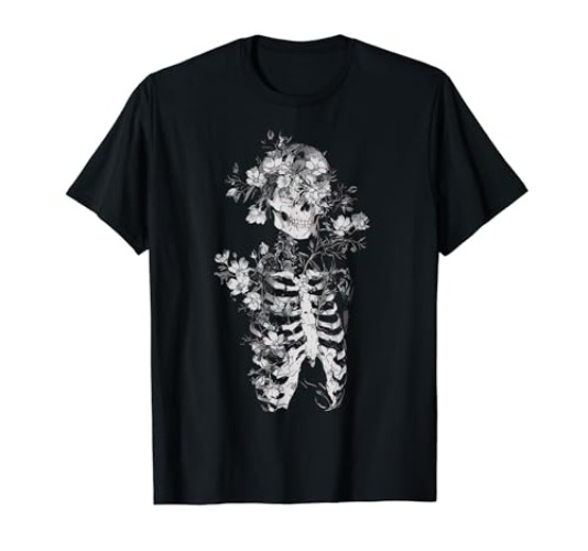 Floral Skeleton Flowers Goth Occult Death Dark Alt Aesthetic T-Shirt - Women's Plus - Black - 5X