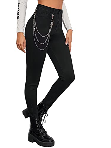 WDIRARA Women's High Waisted Chain Strap Button Skinny Denim Pants Long Jeans with Pocket - Medium - Black