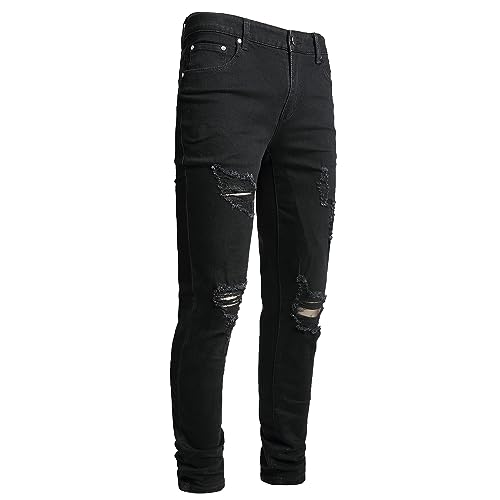 AITITIA Men's Ripped Jeans Taper Skinny Fit Stretch Denim Pants - 28 - 2002 Black