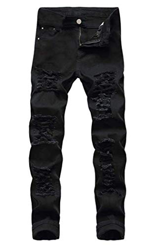 Men's Ripped Skinny Stretch Distressed Destroyed Slim Jeans Denim Pants - 32 - Ripped Black