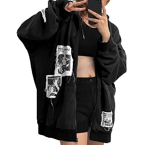 Alt Emo Clothes Women Oversized Zip Up Hoodies Rhinestone Y2k Aesthetic Skeleton Sweatshirts Grunge Gothic Jacket Streetwear - Medium - A