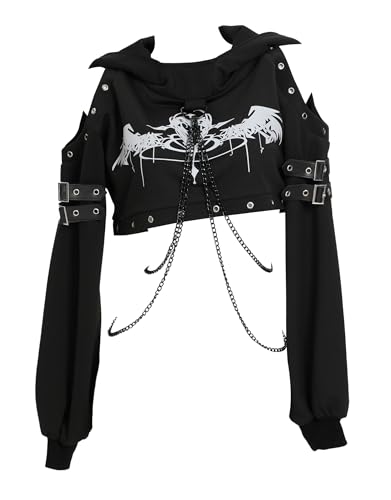 MEOWCOS Hoodies for Women Gothic Crop Top Punk Clothes Long Sleeve Chain Sweatshirt Hoodies - Black - Small