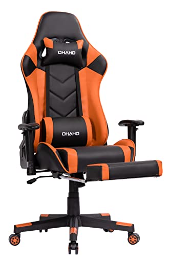 OHAHO Gaming Chair Racing Style Office Chair Adjustable Massage Lumbar Cushion Swivel Rocker Recliner Leather High Back Ergonomic Computer Desk Chair with Retractable Arms and Footrest (Black/Orange) - Black/Orange
