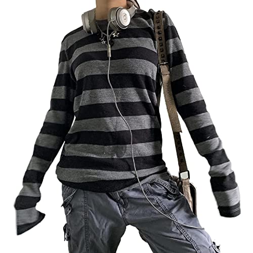 Women Teen Girls Fairy Grunge Clothes Y2k Long Sleeve Baggy Shirt Graphic Baby Tee Fall Vintage Streetwear T-Shirt - Medium - 3b-black Gray