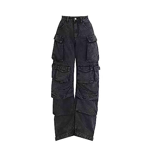 BXCNCKD Women's Baggy Cargo Pants Y2K Clothing Multi-Pocket Relaxed Fit Jeans Grunge Clothes Alt Hip hop - Medium - Black