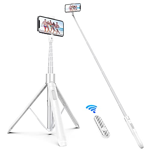 ATUMTEK 60'' Perche à Selfie, Trépied pour Téléphone Extensible Tout en Un avec Télécommande Bluetooth, Rotation 360° pour iPhone et Téléphone Android, Selfies, Vidéos, TikTok - 1.5m - Blanc
