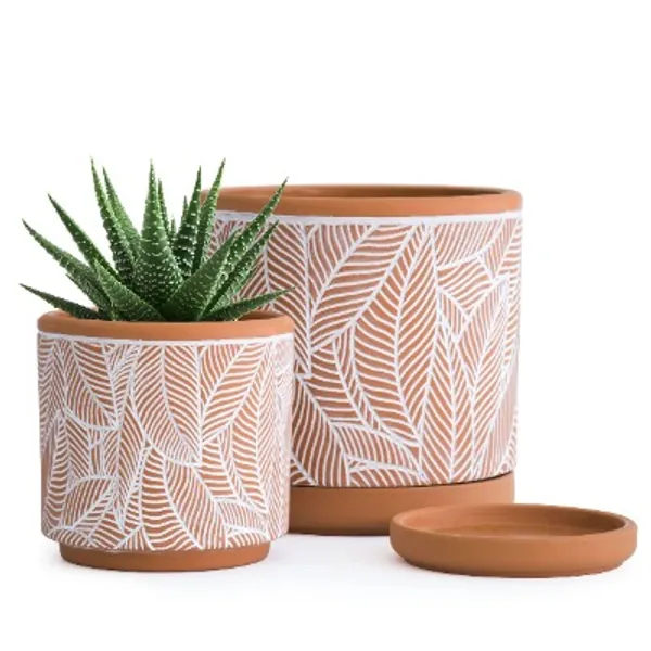 Set of 2 Terracotta Pots, Leaves Pattern Planter Pot, 4 Inch and 6 Inch, Pot with Drainage Hole and Saucer, Terracotta/White, 31-958-I-1