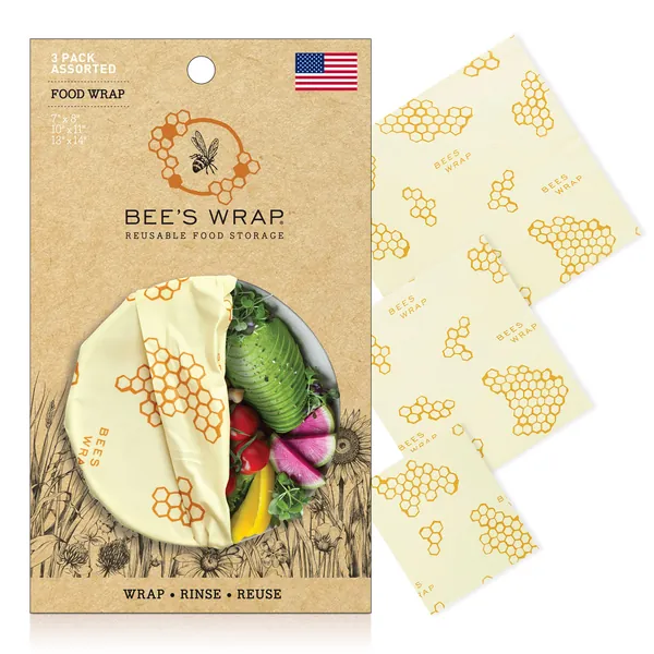 Bee's Wrap - Assorted 3 Pack - Made in USA - Certified Organic Cotton - Plastic and Silicone Free - Reusable Beeswax Food Wraps - 3 Sizes (S,M,L)