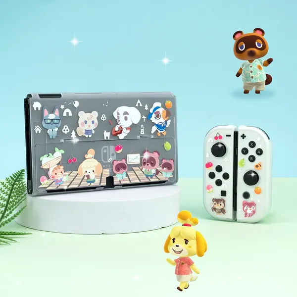 OLED Nintendo Switch Case Animal Crossing Inspired, Cute Transparent Protective Case, Nintendo Joycon Case, Back Cover Grip Shell