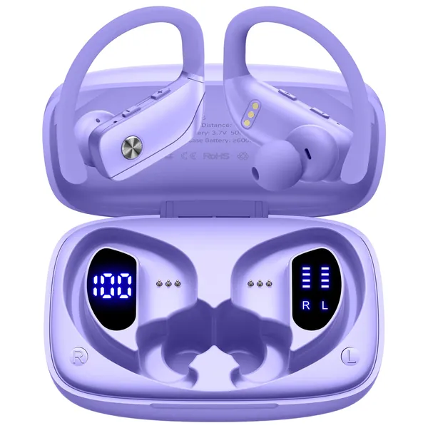 Wireless Earbuds Bluetooth Headphones 48hrs Play Back Sport Earphones with LED Display Over-Ear Buds with Earhooks Built-in Mic Headset for Workout Purple BMANI-VEAT00L - Purple