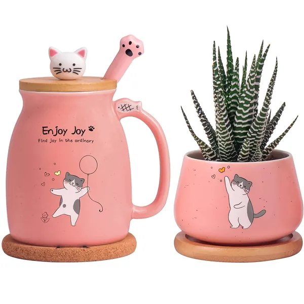 Ceramic Coffee Cat Mug Succulent Plant Pot Gifts Set for Cat Lovers, Women gifts-With Lovely Kitty Lid, Cat Paw Spoon for Home Office Desk Garden, Gift Box for Birthday Christmas - Plants Not Included