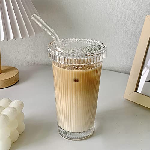 YAHUIPEIUS Glass Tumbler Stripe Glass Cup Coffee Cup With Lid and Straw Drinking Glasses for Water,Iced Coffee,Milk,Tea,Juice (A-Stripe) - A-Stripe