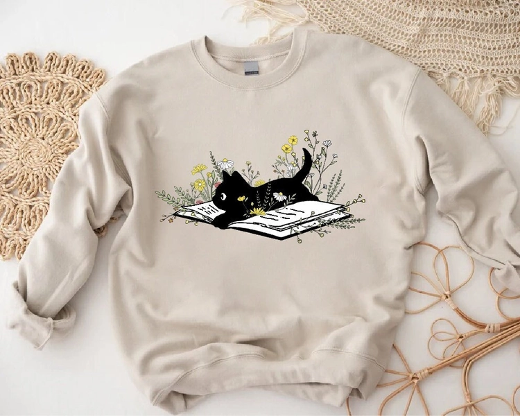 Bookish Sweatshirt, Book Lover Sweatshirt, Gift for Cat Lover, Cute Cat Book Sweatshirt, Librarian Gifts For Women, Floral Cat Sweatshirt