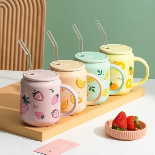 LALSIC Cute Fruit Ceramic Mug with Straw Ins Style Strawberry Cup Water Bottle for Girls Couple Porcelain Mugs Coffee Cups (Orange,400ml) - Strawberry 1 Count (Pack of 1)