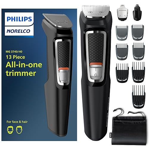 Philips Norelco Multi Groomer All-in-One Trimmer Series 3000-13 Piece Mens Grooming Kit for Beard, Face, Nose, Ear Hair Trimmer and Hair Clipper - NO Blade Oil Needed, MG3740/40 - Black/Chrome - MG3740/40 - 13 Pieces