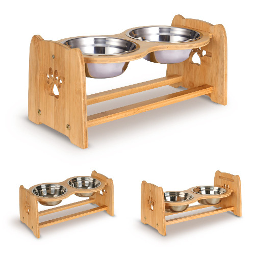 X-ZONE PET Raised Pet Bowls for Cats and Dogs, Adjustable Bamboo Elevated Dog Cat Food and Water Bowls Stand Feeder with 2 Stainless Steel Bowls and Anti Slip Feet (Height 4.7" to 7") - Height 4.7" to 7" $39.99