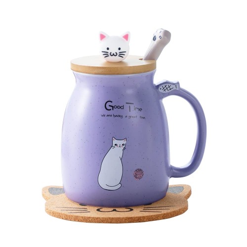 Katzen-Tasse Süße Keramik Kaffeetasse mit deckel,Edelstahl Löffel, Neuheit Morgen Cup Tee Milch Weihnachten Becher Geschenk 380ML