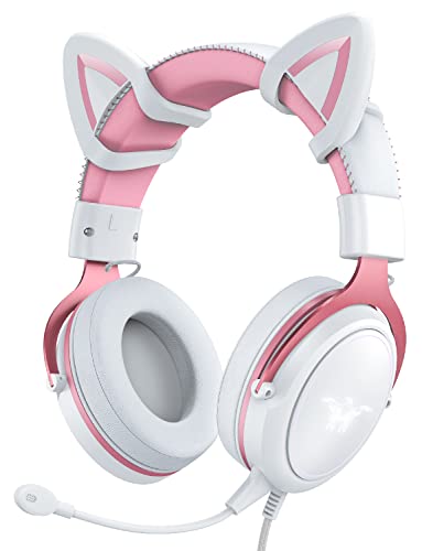 PHNIXGAM Cat Ear Gaming Headset, Wired Over-Ear Headphones with Noise Cancelling Microphone, Surround Sound, LED Backlight for PS4, PS5, Xbox One(No Adapter), PC, Mobile Phone, White & Pink - White & Pink