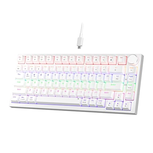 NEWMEN GM326 Wired Gaming Keyboard,75% Percent TKL Hot Swappable Compact LED Backlit USB C Mechanical Gaming Keyboard with Knob for PC Windows Mac,QWERTY Layout,White,Red Switches - Red Switch