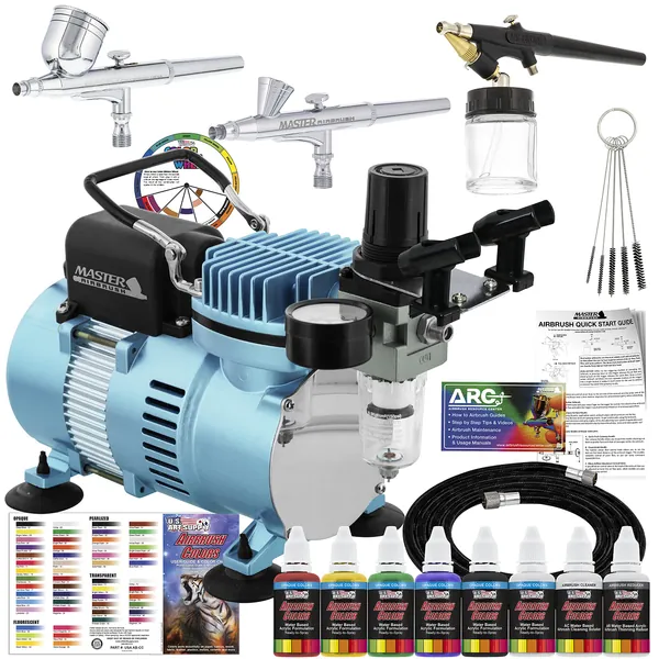 Master Airbrush Cool Runner II Dual Fan Air Compressor Professional Airbrushing System Kit with 3 Airbrushes, Gravity and Siphon Feed - 6 Primary Opaque Colors Acrylic Paint Artist Set - How to Guide - 