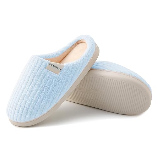 HUXMEYSON Womens Slippers Fuzzy House Slippers, Cozy Slippers for Women Indoor Fluffy Outdoor Slippers with Anti-Skid Sole - Blue - 9-10 Women/8-9 Men
