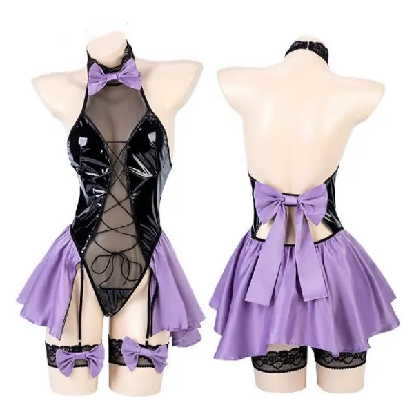 Bow Knot Lace Up Ruffled Splice PU Jumpsuit Lingerie