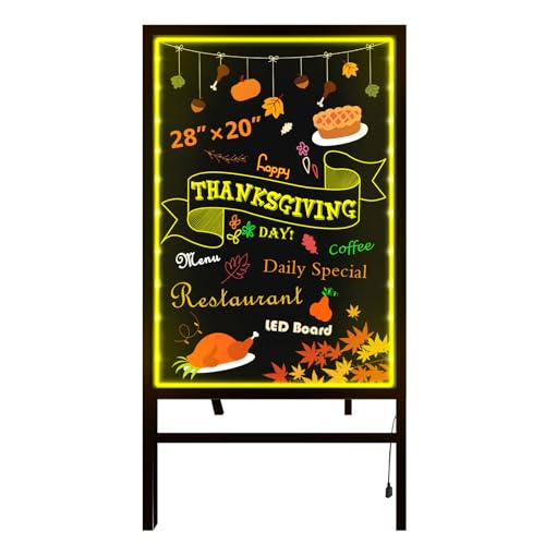 Woodsam Standing LED Board Sign - First Illuminated Easel with Neon Chalk Marker - Rustic Steel Vintage Decor for School, Wedding, Bar, Restaurant, Kitchen, and Home - 28" X 20 " With Stand