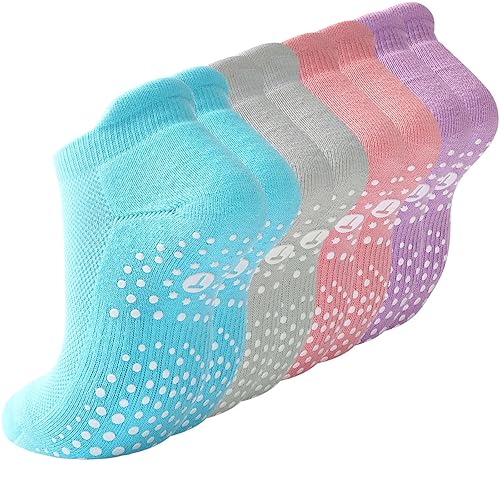 Pilates Socks for Women, Cushioned Ankle Grippy Non Slip Socks for Yoga, Hospital, Barre, Sports Home Slipper Socks 2/4 Pairs - 6-8 - Multicolor 4 Pairs