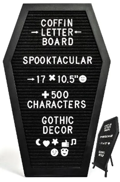 Nomnu Black Felt Coffin Letter Board - Gothic Decor Message Board - Witchy Spooky Gifts - 17x10.5 Inches, 500 White Characters, Stand. Creepy Halloween Decor Letterboard