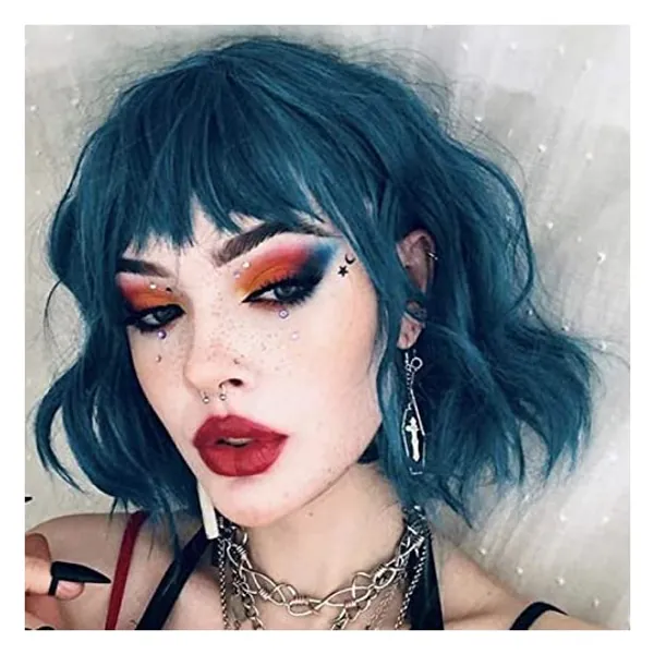 
                            ROSEBUD Wavy Bob Wig with Bangs Natural Blue Wig Synthetic Hair Shoulder Length Short Curly Wigs for Women
                        