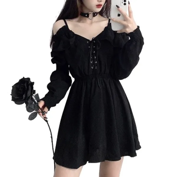 Gothic Dress Women's Dress Plus Size lace Autumn Dress Strapless Long Sleeve Kawaii Black Dress