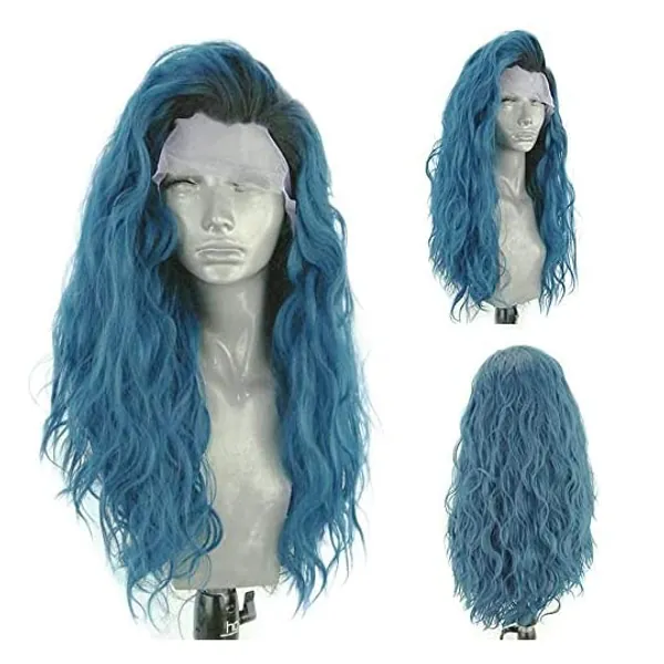 
                            RDY Ombre Blue Synthetic Wig Loose Body Wave Heat Fiber Hair 24Inches Long Wavy Ombre Color Lace Front Wigs for Women Half Hand Tied Wig Cosplay Daily Use Hair
                        