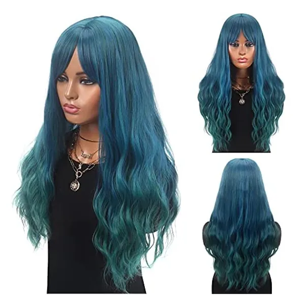 
                            ChenYu Vsiopy Long Wavy Wig with Bangs for Women Blue Wigs Synthetic Wig Party Cosplay Costume Hair (Replacement Wigs + 1 Wig Caps 26 inch Blue)
                        