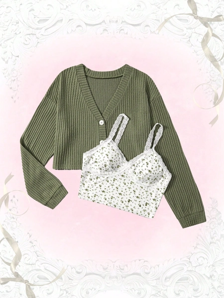 Kawaii Maglietta con bottone frontale & fiorellini Top con bretelle sottile