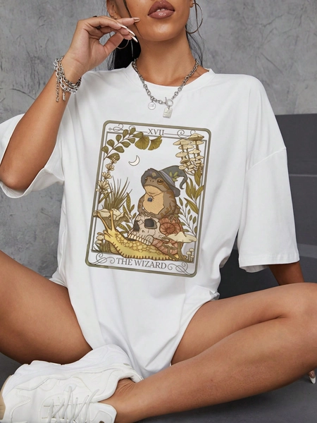 SHEIN EZwear Maglietta con spalla cadenti rana & con stampa teschi