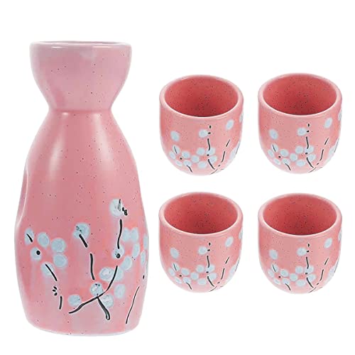 Osuter Set da Sake Giapponese, 4PCS Tazze Sake e Sake Pot Tradizionale Ceramica Bicchieri Sakè per Uso Domestico e Aziendale (Rosa) - Rosa