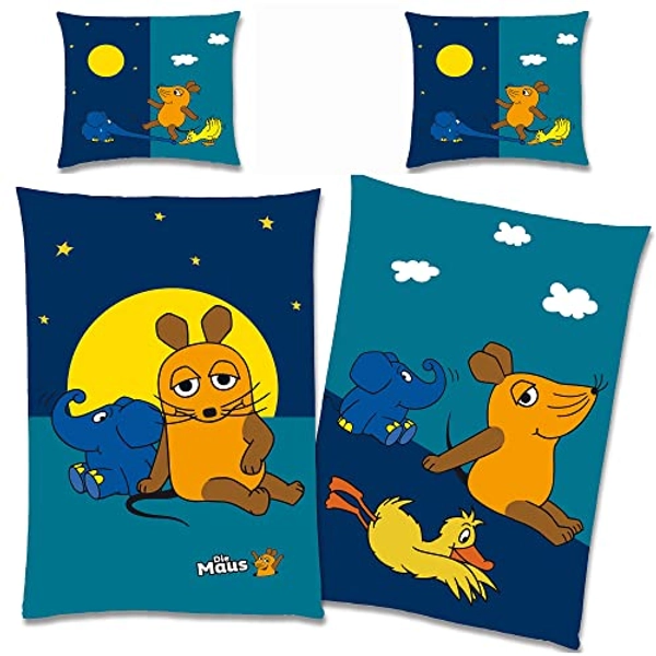 BERONAGE Die Sendung mit der Maus Kinder-Bettwäsche Night Blau 135 x 200 + 80 x 80 100% Baumwolle Renforcé-Linon-Qualität Sterne Ente Elefant Mond Wende-Bettwäsche mit Reißverschluss deutsche Größe