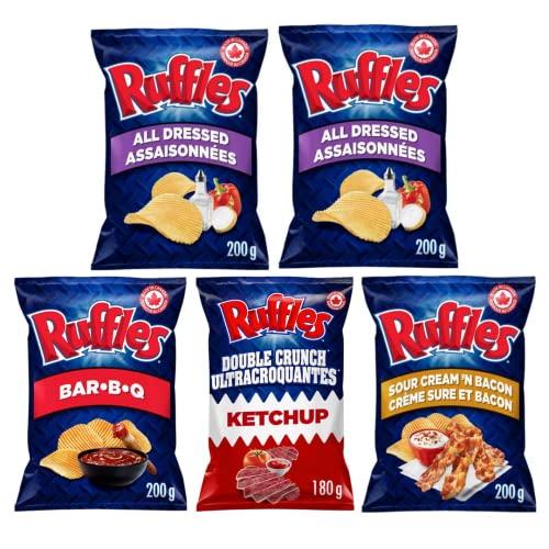 Ruffles Potato Chips, Canadian Variety 5 Pack, 2x All Dressed, 1x Sour Cream 'N Bacon, 1x Bar-B-Q and 1x Ketchup (Shipped from Canada)