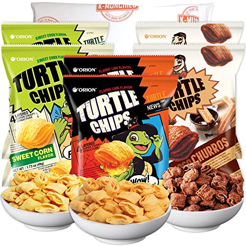 K-Munchies Orion Turtle Chips - 6 Variety Packs, 49g - Churro Chips (2), Sweet Corn Chips (2), and Flamin' Lime Korean Chips (2) - Savory, Crispy Korean Snacks - On-The-Go Korean Corn Snack Chips - Churro, Sweet Corn & Flamin' Lime - 1 Count (Pack of 6)