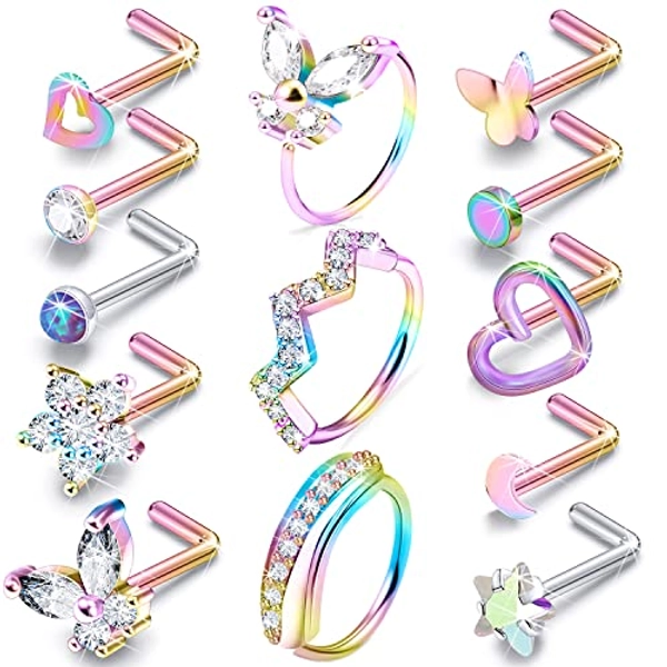 Prjndjw 20G Nose Rings Hoop Surgical Steel L Shaped Nose Rings Butterfly rabbit Opal Heart CZ Flower Nose Piercing Jewelry Nose Rings For Women Men 15Pcs 6.5mm Nose Stud Purpke 8MM Nose Hoop rings