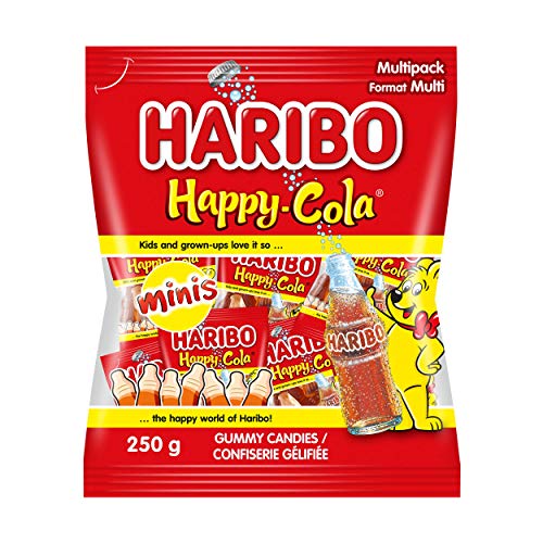 Haribo Happy Cola Gummy Candy, Cola Flavoured Candy, No Artificial Colours - 250g Multipack with Mini Bags - Happy Cola - 250 g (Pack of 1)