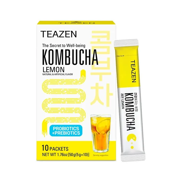 Teazen Kombucha Tea, Zero Sugar, Sparkling Fermented Powdered Mix Beverage from Korea, Live Probiotics & Prebiotics, 10 Sticks, 1.76oz (Lemon) - Lemon