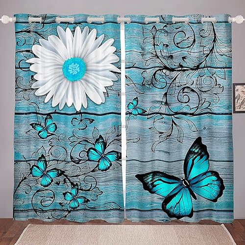 Butterfly Curtain For Girls Teens Women Bedroom Rustic Flower Lightweight Curtain,Blue Butterflies White Chic Floral Window Drapes Retro Vintage Romantic Style Window Treatments 42"x84",2 Panels - Multi 603 - 42"W x 84"L (Pack of 2)